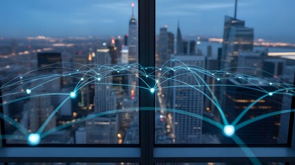 Futuristic city skyline at dusk with an overlay of glowing blue network connections, symbolizing global communication and technology.