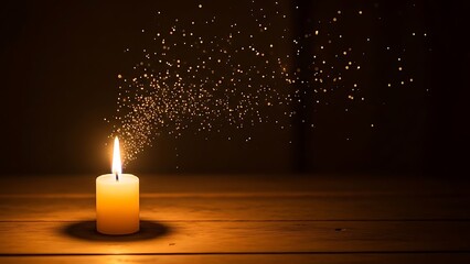 A single lit candle on a wooden surface, emitting a warm glow and a cascade of golden sparkling particles into the dark.