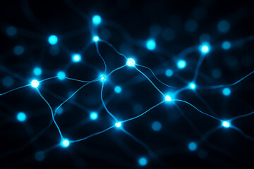 AI generated glowing blue network with connected nodes and flowing links visualizing digital communication and high tech data connectivity with a futuristic cyber energy mood