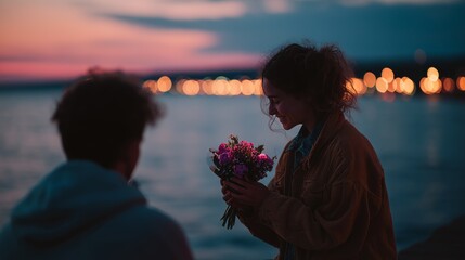 A couple enjoys a romantic evening by the lake, with a woman admiring a bouquet of flowers under twilight.