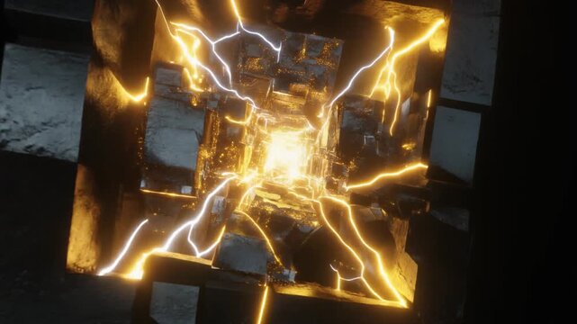 Dramatic dolly-in toward a massive, light-absorbing black hypercube floating in a dark void. Brilliant internal gold and white light ignites, revealing a complex crystalline structure of decision node