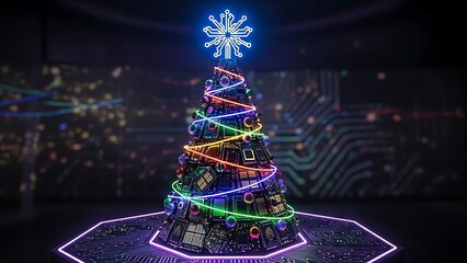 Futuristic Christmas tree constructed from circuit boards and glowing with neon lights on a motherboard base, representing tech holiday.