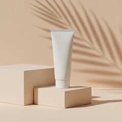 Minimalist cosmetic product presentation with a white tube and neutral background