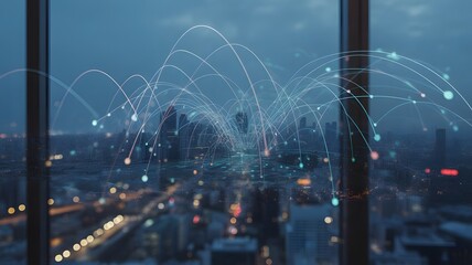 Digital network lines and dots connecting over a modern city skyline at dusk, viewed from a high-rise window.