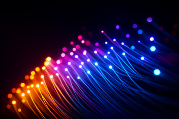 AI generated vibrant multicolor fiber optic strands with glowing tips flowing across a dark background creating dynamic digital energy connectivity and a modern futuristic data atmosphere