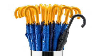 A group of blue and yellow umbrellas with a black handle standing upright isolated on transparent background