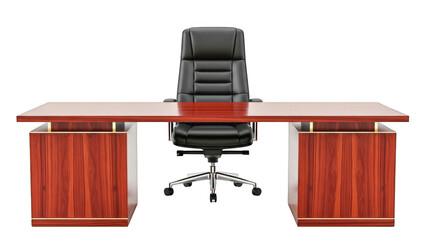 Executive office desk with black chair on isolated transparent background