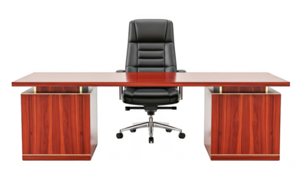 Executive office desk with black chair on isolated transparent background
