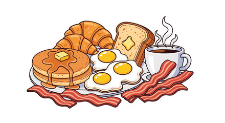 Deliciously drawn full american breakfast spread with pancakes and coffee