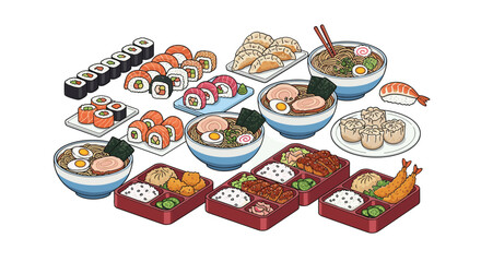 A vibrant assortment of delicious japanese cuisine and sushi rolls