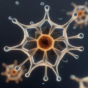 The pollen grain is hexagonal in shape with fine, deep grooves. Macro-micro camera angle.