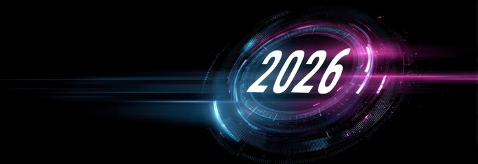 Futuristic 2026 new year celebration background with glowing digital numbers and cyber technology elements. Abstract blue and purple tech circles representing innovation and future concepts for new