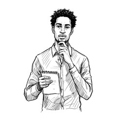 Black man thinking while holding notepad and pen in casual attire  