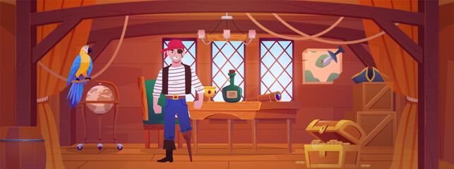 Pirate captain man with hook in ship cabin, vector cartoon retro wood room interior, treasure chest, rum bottle, parrot