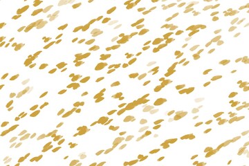 Abstract golden brush stroke spots background. Scattered ochre paint dabs on white surface. Yellow irregular dot pattern imitating animal skin