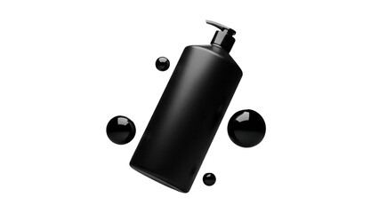 Black bottle with pump and droplets isolated on transparent background