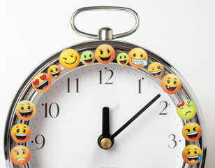 A chrome alarm clock with a white face, featuring various colorful emojis replacing the hourly numbers, symbolizing the emotional journey through time.