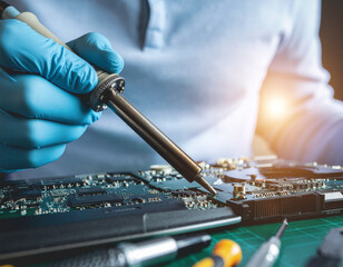 A person in blue gloves meticulously solders components on a circuit board with a hot iron, performing electronic repair or assembly work on a motherboard.