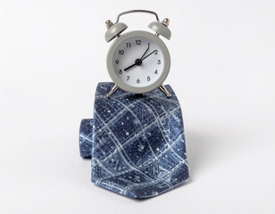 A grey classic alarm clock is placed on a blue patterned tie against a white background, symbolizing time management, punctuality, and professional readiness.