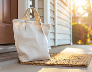 A neutral canvas tote bag rests on a woven doormat on a sunlit porch, beside a brown door and white siding, with golden hour light.