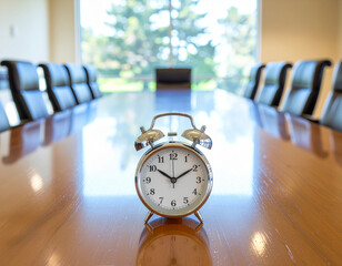 A classic silver alarm clock sits centered on a reflective wooden conference table in a modern boardroom, emphasizing time, deadlines, and urgency.