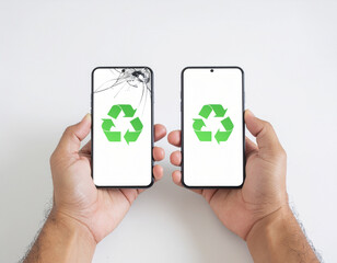 Two hands hold smartphones, one with a cracked screen, both displaying a green recycling symbol. Highlights electronic waste recycling.