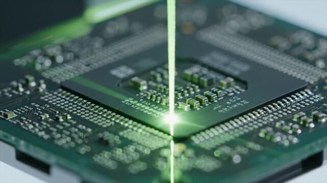 Close up of a laser beam etching a microchip on a circuit board.