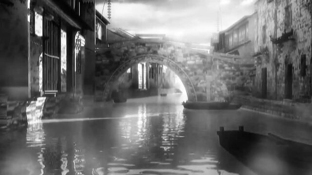 Small Bridge and Flowing Water Black and White Animation Material in Jiangnan Water Town