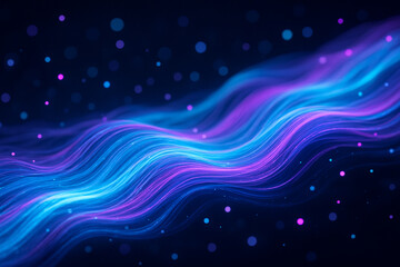 AI generated flowing neon blue and purple light waves with glowing particles on a dark backdrop representing data movement futuristic energy and modern digital technology visuals