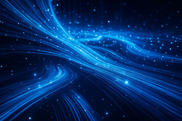 AI generated glowing blue fiber optic data streams flowing in curved paths with bright particles creating modern connectivity speed and digital energy suitable for technology and network designs