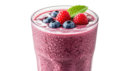 A refreshing glass of berry smoothie with fresh fruits on top isolated on transparent background