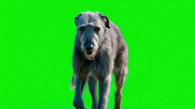 Majestic Irish Wolfhound on green screen walking towards camera