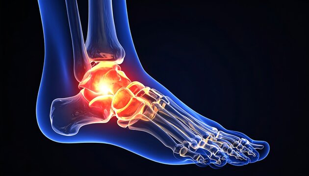 Medical visualization of a human foot, highlighting the ankle joint