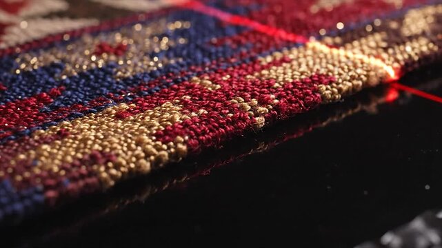 Close-up of a colorful beaded textile with red thread.