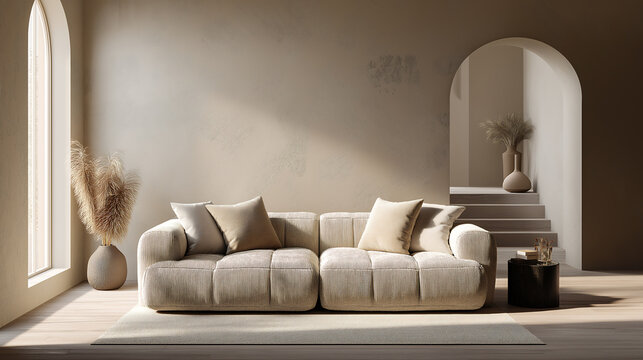 Cloud Dancer Modern Minimalist Living Room Interior with Beige Sofa, Pampas Grass, and Arched Architectural Details Colour of the Year 2026