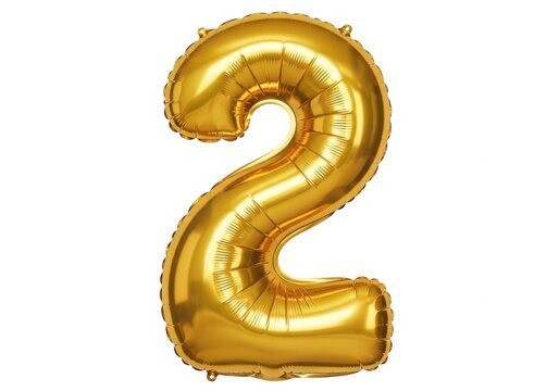 Golden number 2 foil balloon isolated on white background