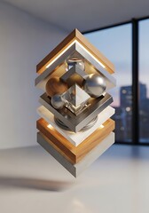 Geometric composition of stacked squares with luminous elements and textures