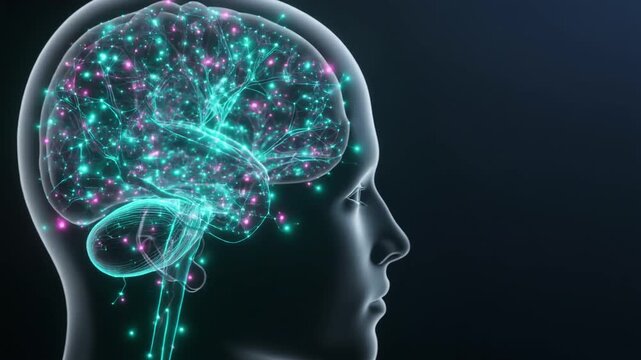 Close-up side view of a translucent AI head cropped at the neck. The neocortex shell is filled with dense, glowing neural trees and nodes emitting teal and magenta bioluminescent light.