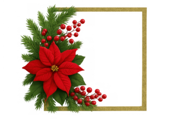 Christmas frame with red poinsettia, holly berries, pine branches, holiday season greeting card design, transparent background