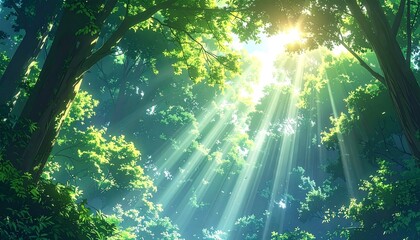 Lush forest canopy with sunlight streaming through the leaves