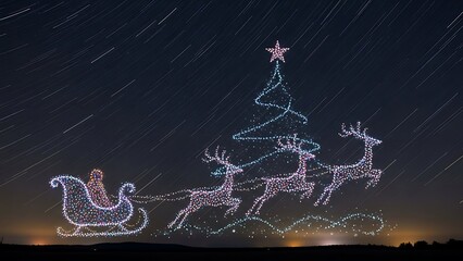 Drone light show in the night sky forming a Christmas tree, Santa's sleigh, and reindeer, a modern spectacle of festive aerial art