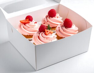 Four cupcakes with pink frosting and berries in a white cardboard box on a white surface