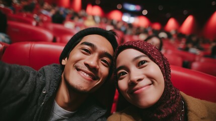 Happy couple takes selfie in cinema, enjoying a fun movie outing and capturing a joyful moment together.