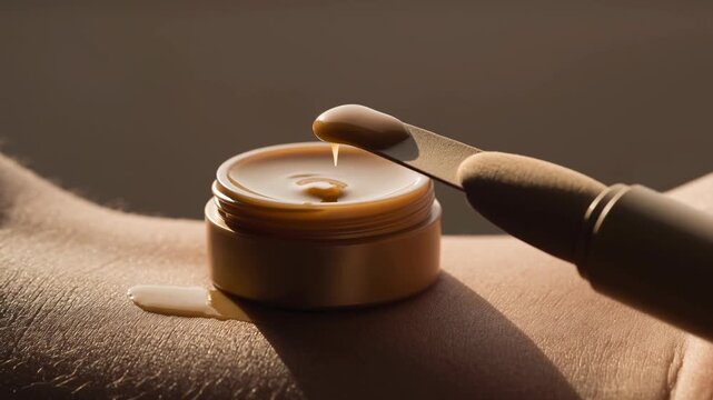 Zero waste beauty packaging with sustainable cosmetic jar and spatula, creamy skincare product applied gently, promoting eco friendly minimalistic self care and conscious lifestyle choices
