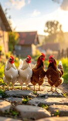 Four chickens stand on a stone path, rural buildings & sunlit greenery in background