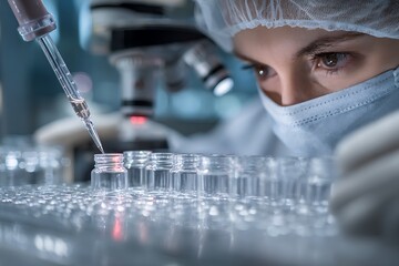 A scientist in protective gear carefully pipettes liquid into glass vials under a microscope, representing precision laboratory techniques and advanced scientific research workflows.