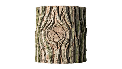 A cylindrical object with a detailed tree bark texture and a knot isolated on transparent background