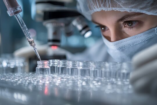 A scientist in protective gear carefully pipettes liquid into glass vials under a microscope, representing precision laboratory techniques and advanced scientific research workflows.