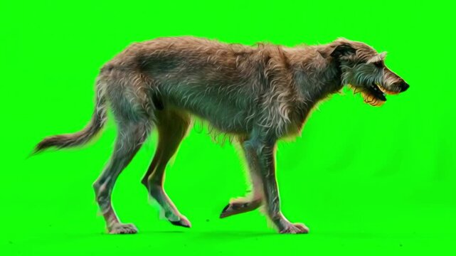 Irish Wolfhound walking on green screen with open mouth