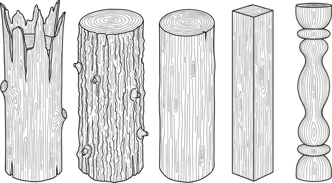Monochrome line art of various wooden elements including tree trunks, logs, beams, and turned wood, showcasing diverse textures and forms